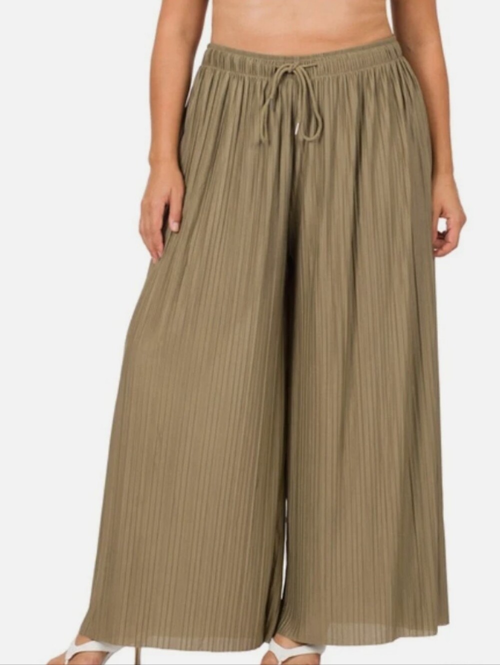 Zenana Outfitters Olive Wide-Leg Pleated Drawstring Pant Size 3X